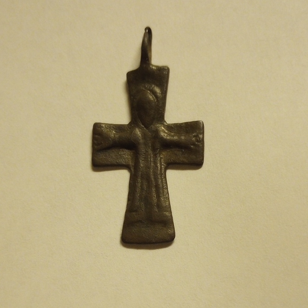 BYZANTINE BRONZE CROSS - PENDANT ANTIQUE; 8th - 10th A.D. -RELIEF IMAGE OF JESUS